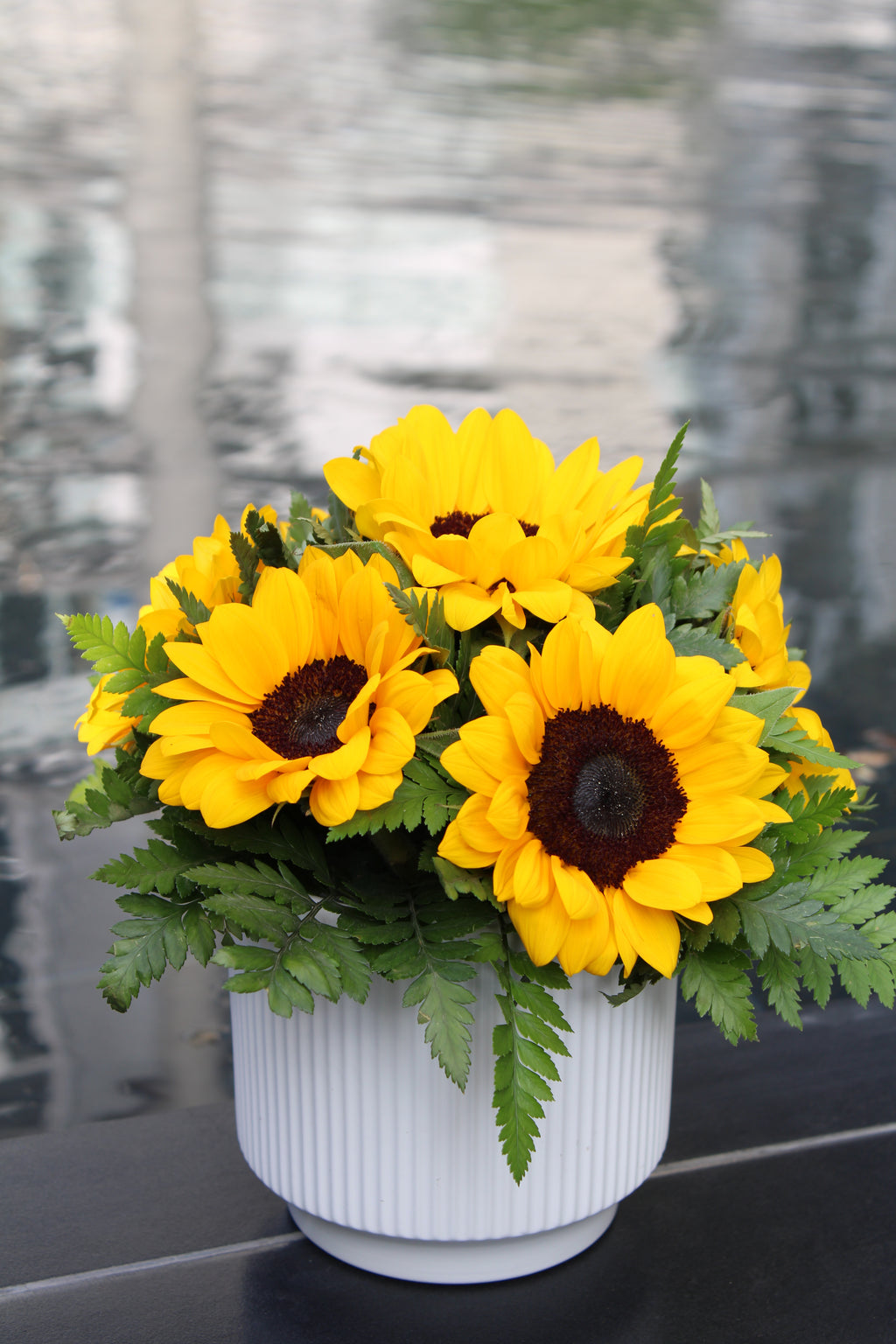 Arreglo floral de girasoles en maceta de cerámica